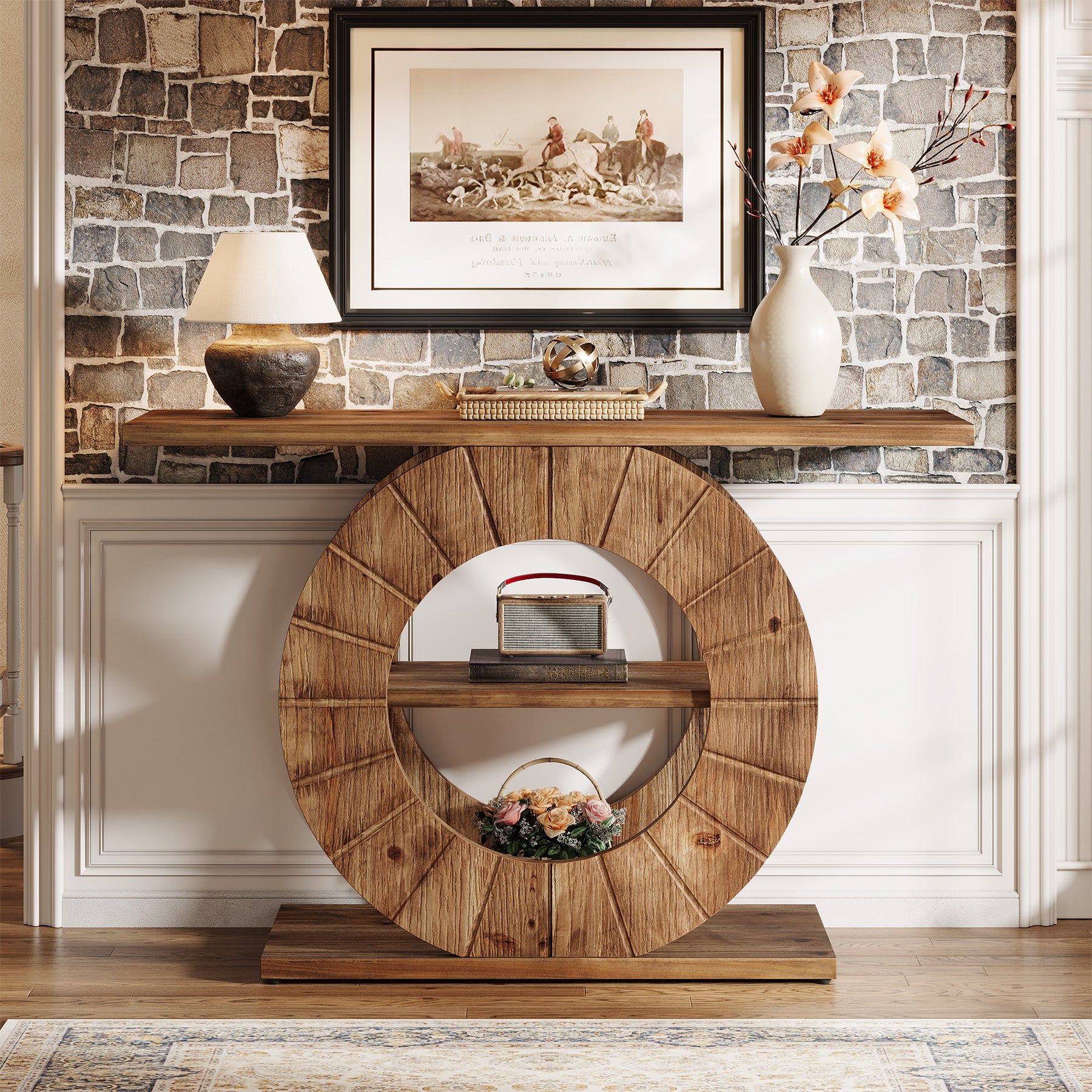 105 cm Massief Houten Consoletafel met 3 Planken en Ronde Basis