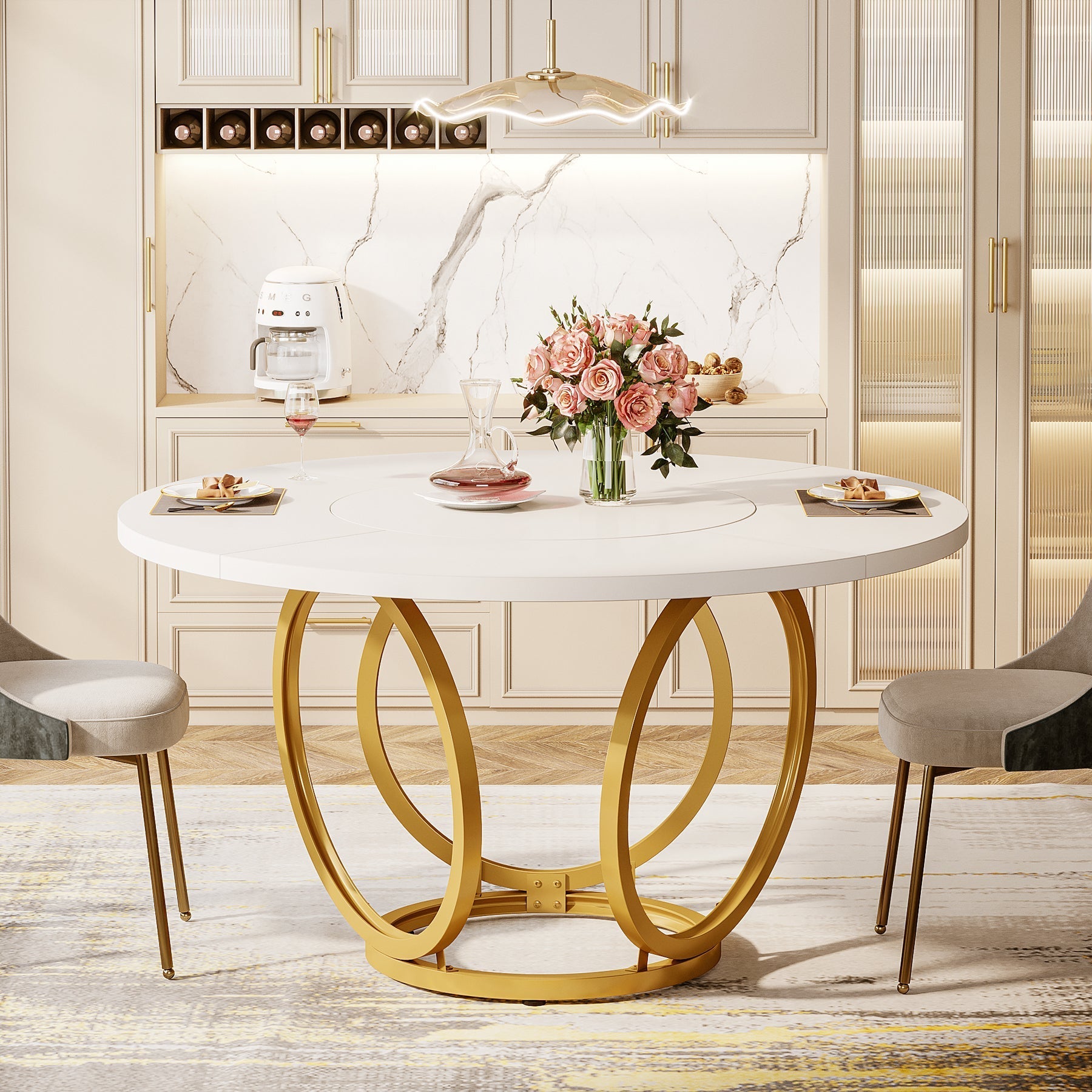 Ronde Eettafel voor Vier Personen, Witte Tafel met Gouden Metalen Onderstel