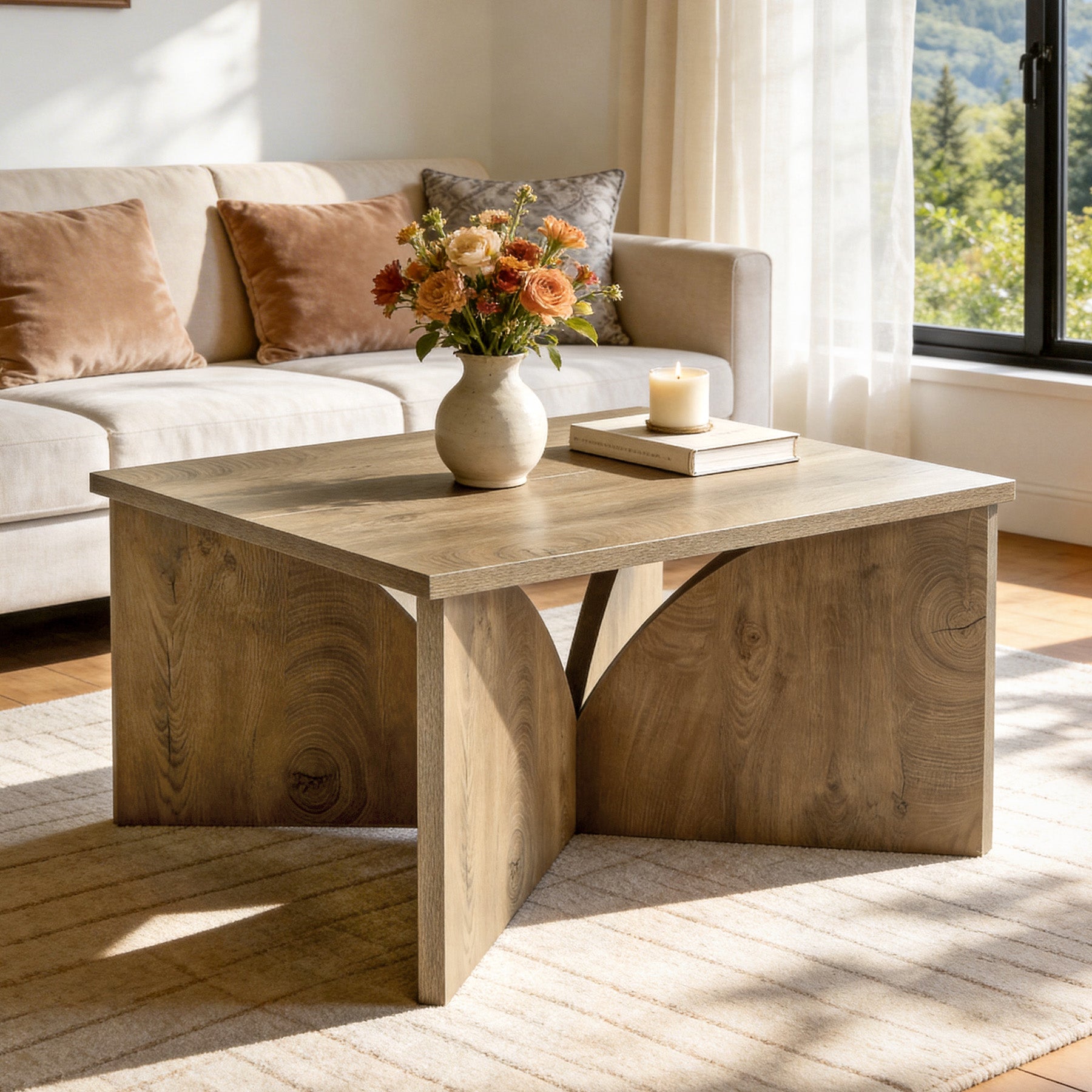 80 cm Vierkante Salontafel met Stevige Basis, Landelijke Houten Tafel voor Woonkamer