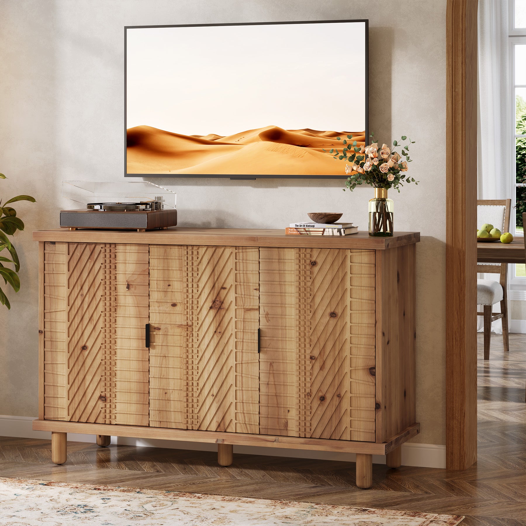 121 x 40 x 80 cm Tribesigns massief houten dressoir met 3 deuren en verstelbare planken, landelijke buffetkast voor keuken eetkamer en entree