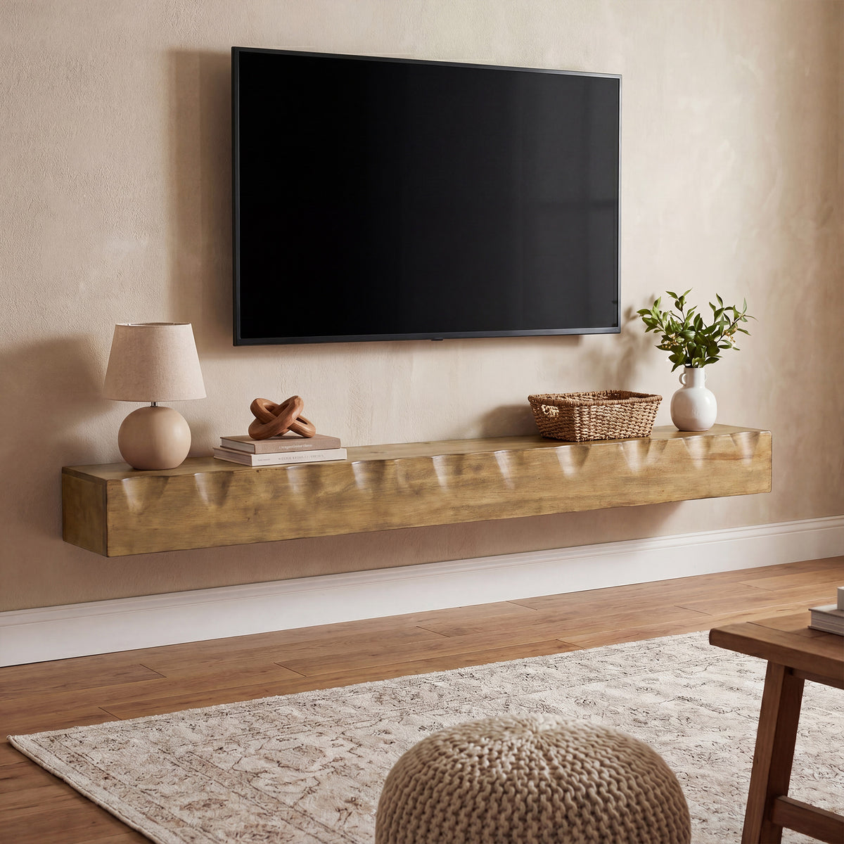 160 cm Tribesigns zwevende tv-plank van massief hout, rustieke wandplank voor media-apparatuur in de woonkamer