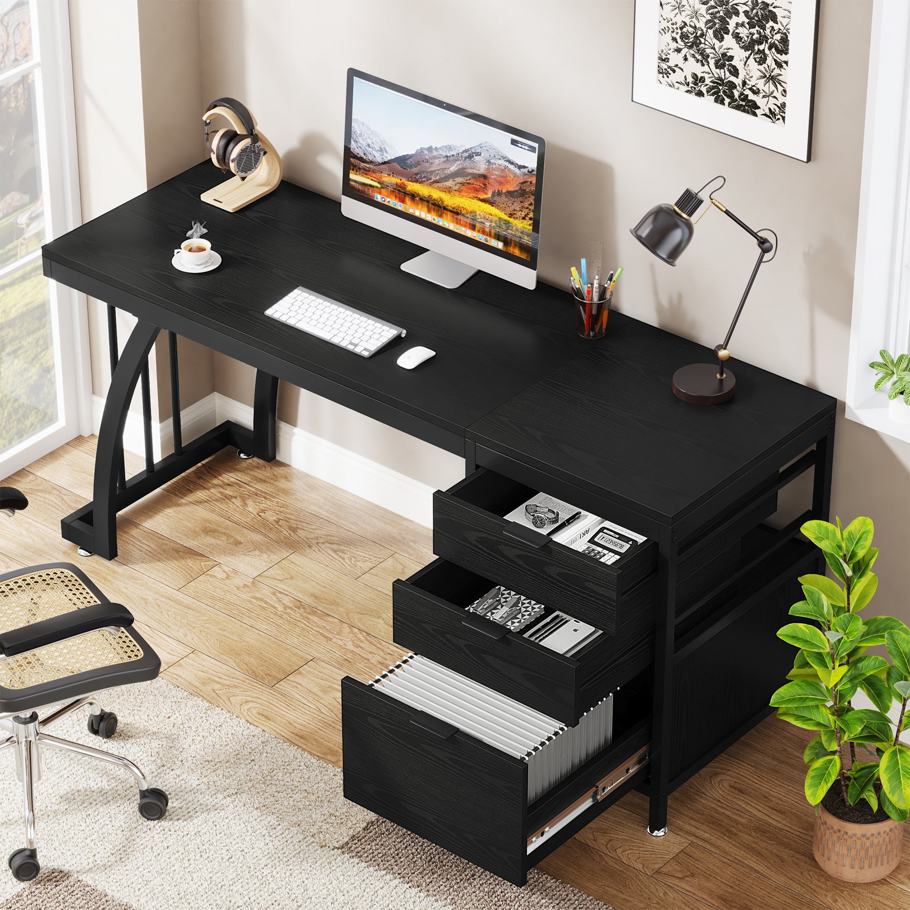 150 cm Computertafel, Industrieel Bureau Met 3 Ombouwbare Laden in Rustiek Bruin
