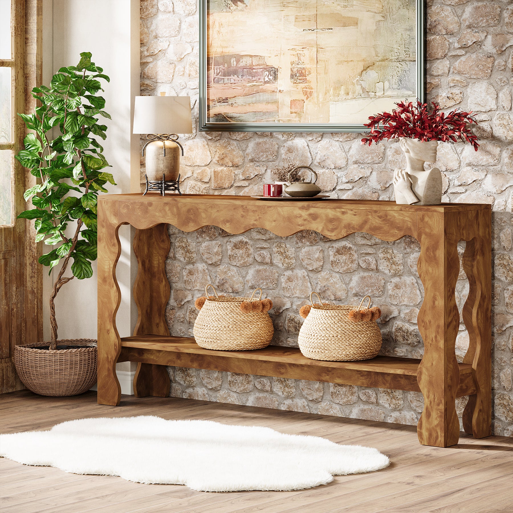 160 cm Moderne Landelijke Consoletafel met Golfrand, Smalle Haltafel met Opberdschap voor Woonkamer en Entree