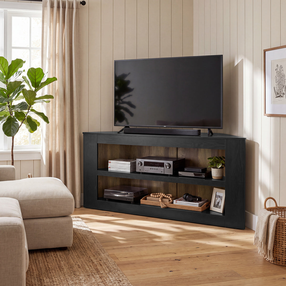 Tribesigns 150 cm hoek tv-meubel met 2-laags open opbergruimte en trapeziumvorm, moderne tv-kast voor woonkamer en slaapkamer