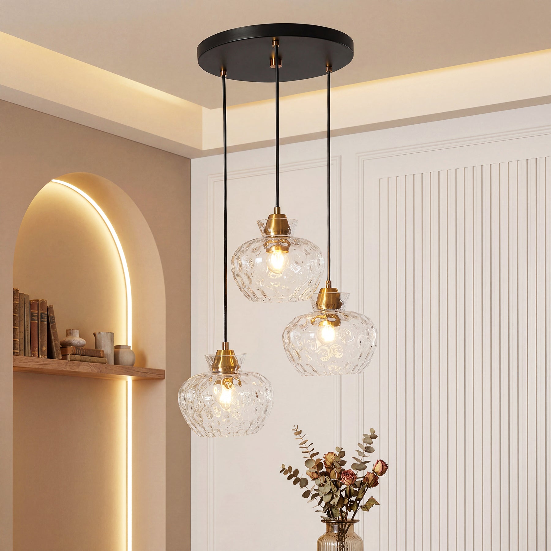 152 cm Tribesigns 3-lichts pendellamp met geribbeld glas en E27 fitting, in hoogte verstelbare vintage hanglamp voor eettafel, keuken en woonkamer [Energieklasse E]