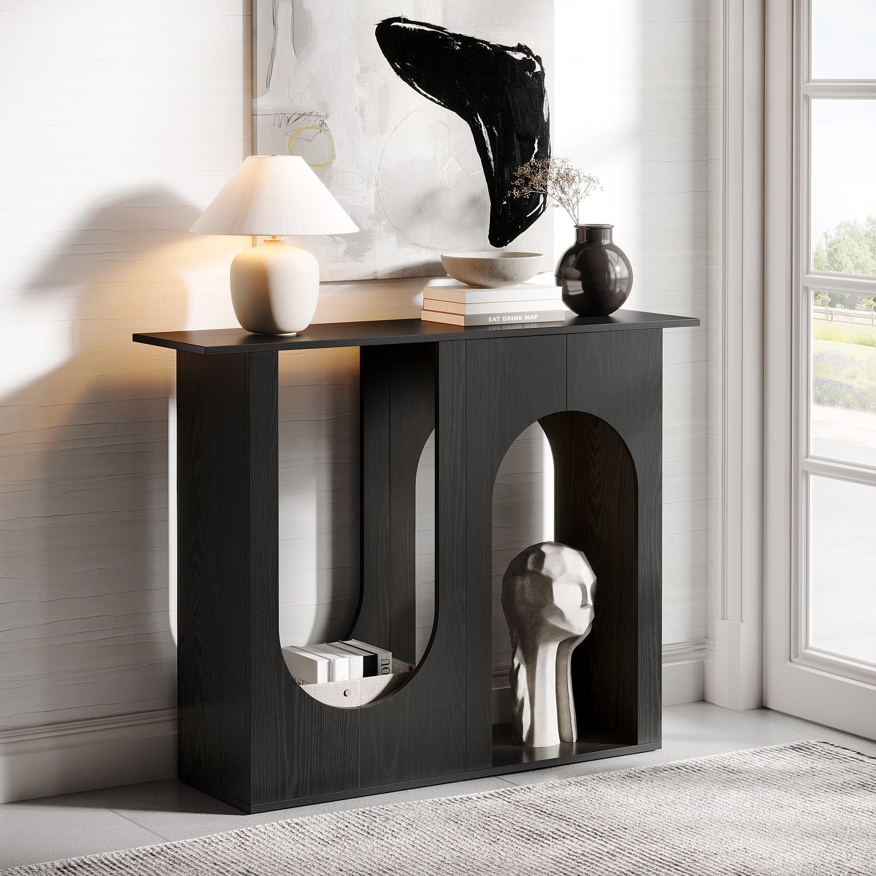 100 cm Zwarte Banktafel, Smalle Consoletafel met Gebogen Design voor Entree en Woonkamer