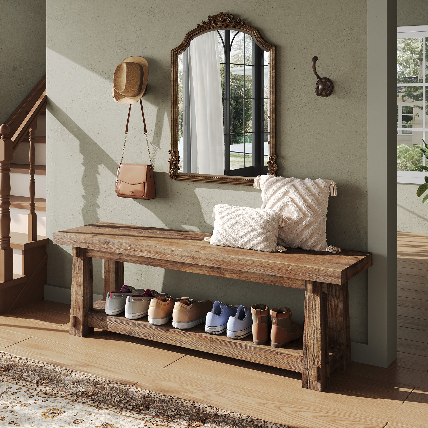 Tribesigns 140 cm massief houten halbank, schoenenbank met open plank voor hal