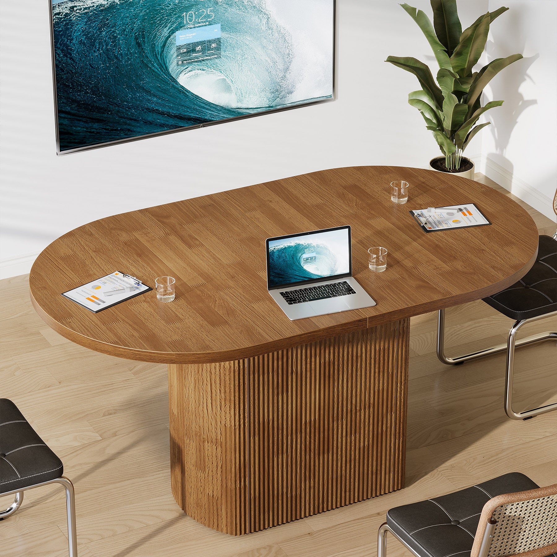 120 cm Ovale Vergadertafel voor 4 Personen, Rustieke Houten Conferentietafel met Polygonale Poot