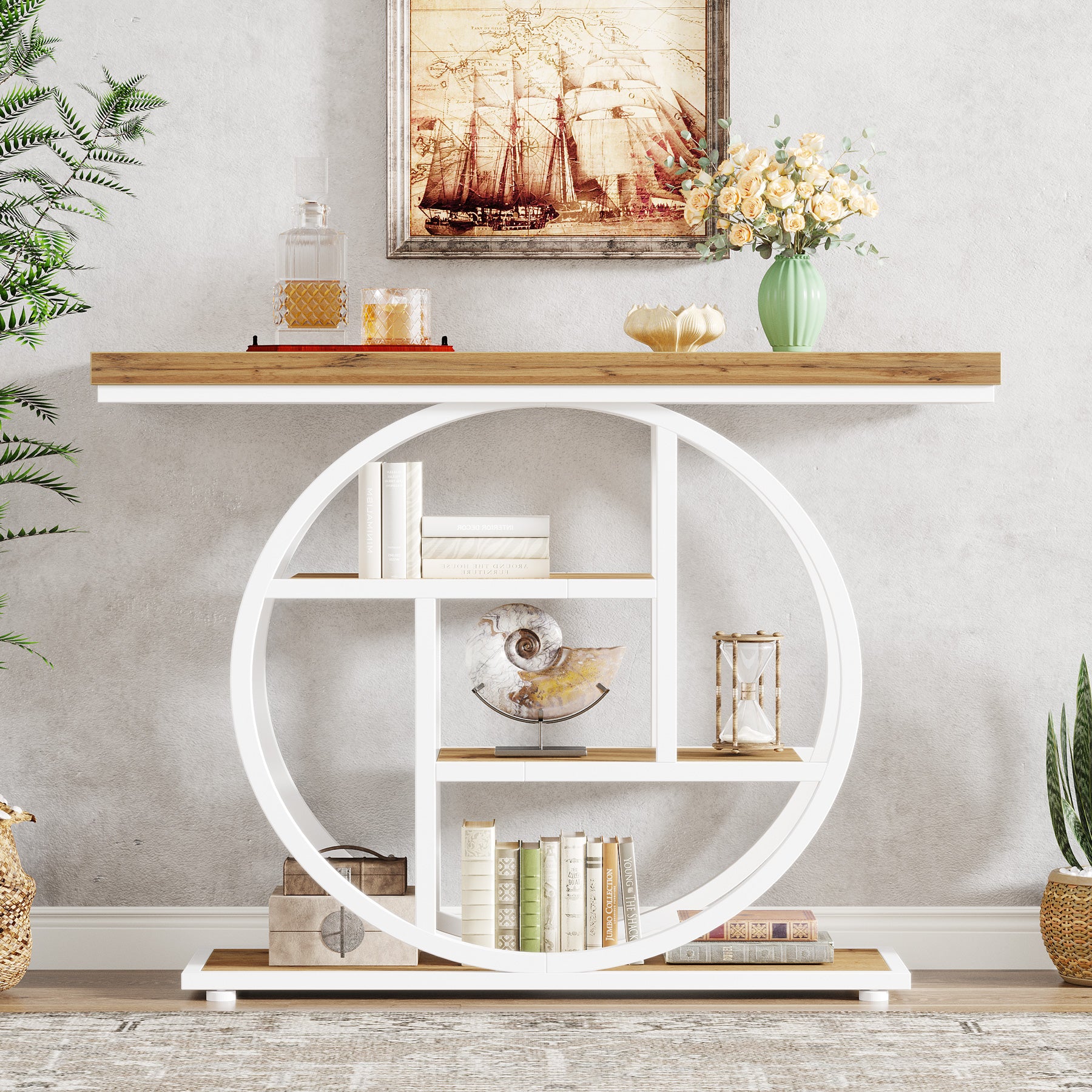 105 cm Industriële Console, 4 Planken met Ronde Basis voor Hal en Woonkamer