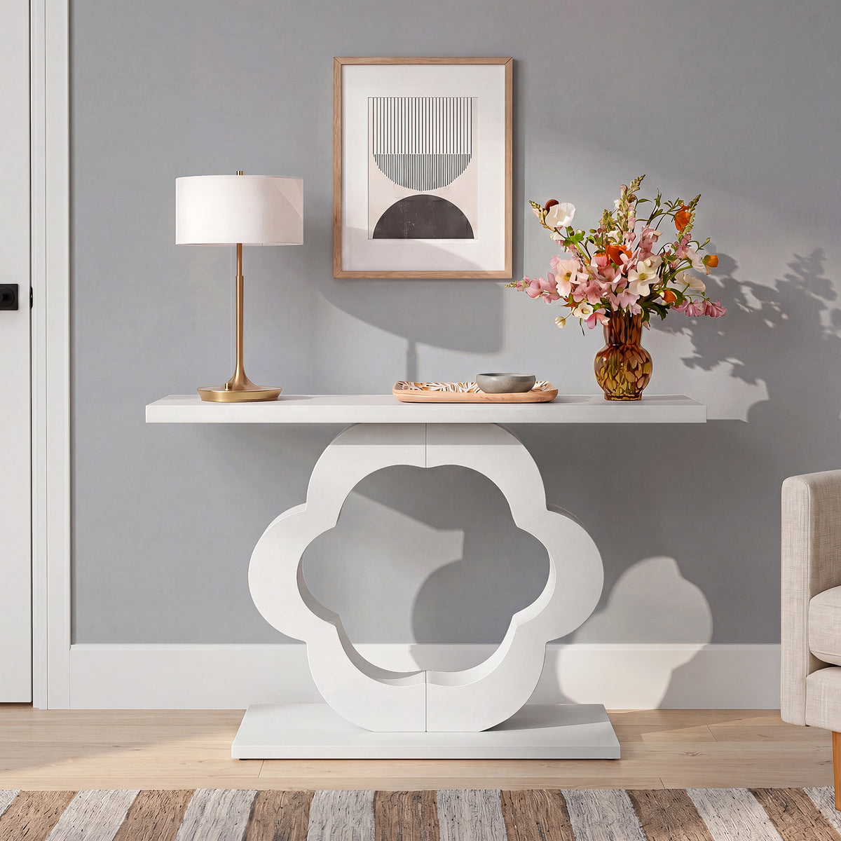 100 cm smalle consoletafel met hoogglans afwerking en modern bloemvormig frame, entree tafel voor hal en woonkamer