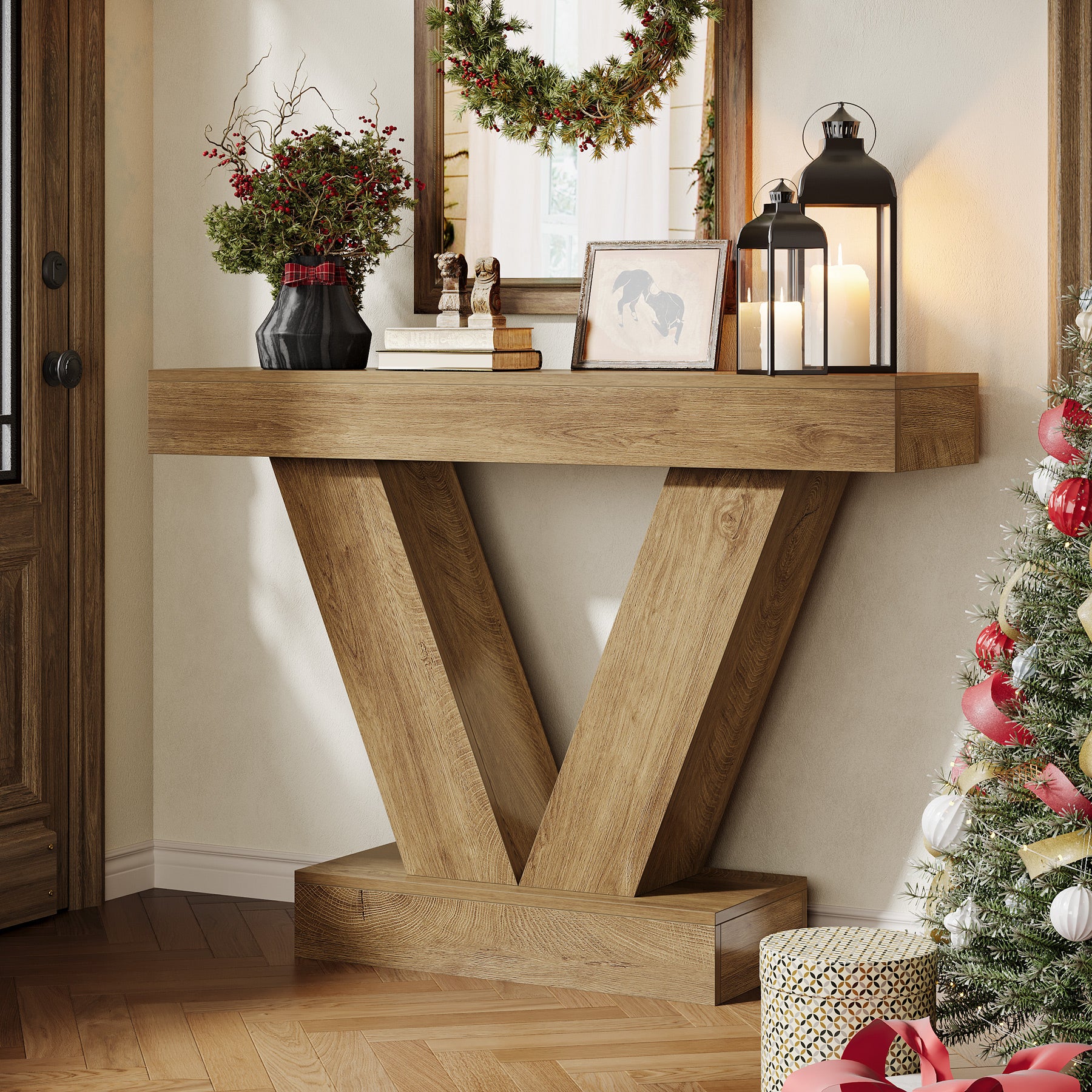 105 cm Consoletafel met V-vormige Poten, Smalle Haltafel voor Woonkamer en Entree in Bruin