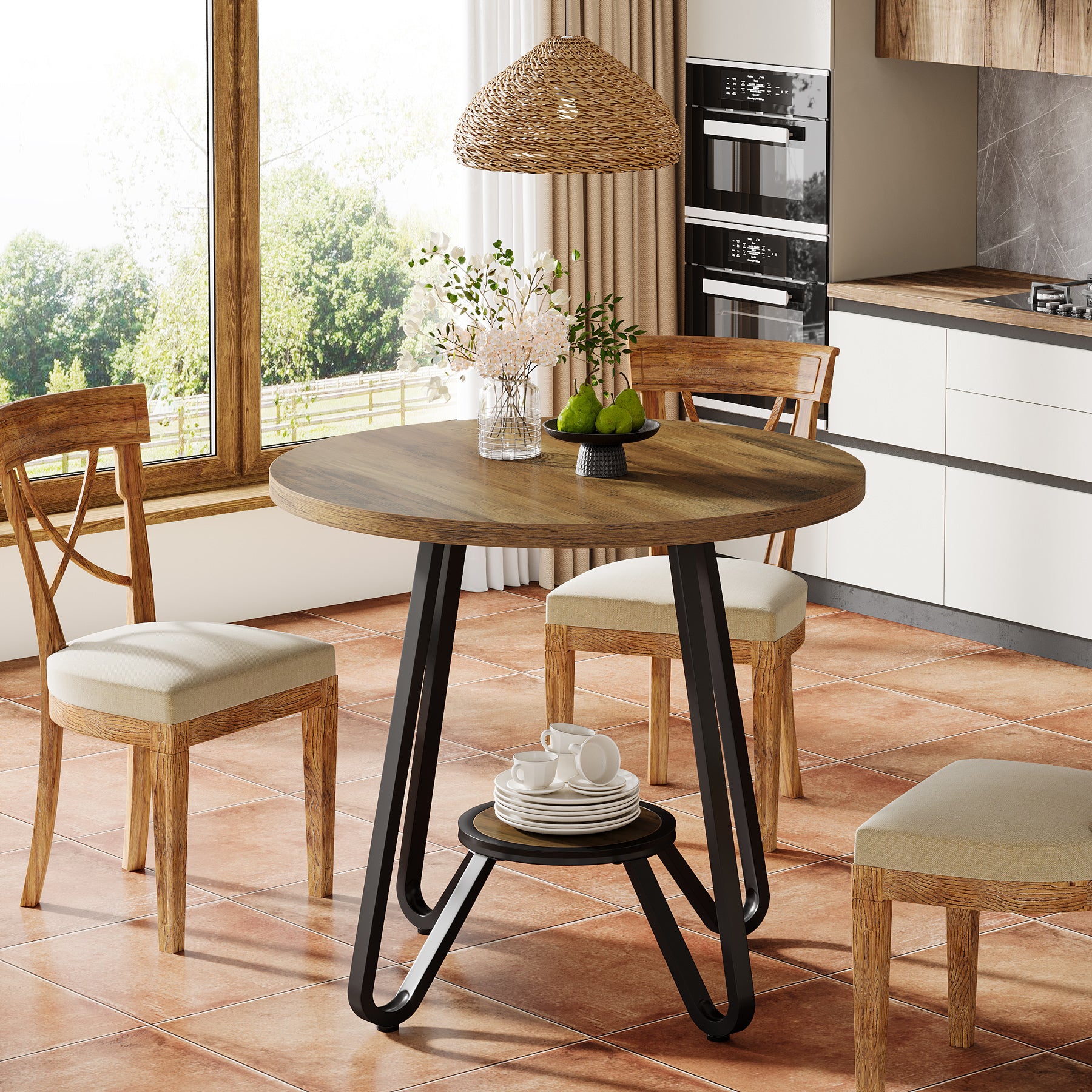 80 cm Ronde Eettafel met Dubbele Legplanken, Industriële Keukentafel voor 2 Personen