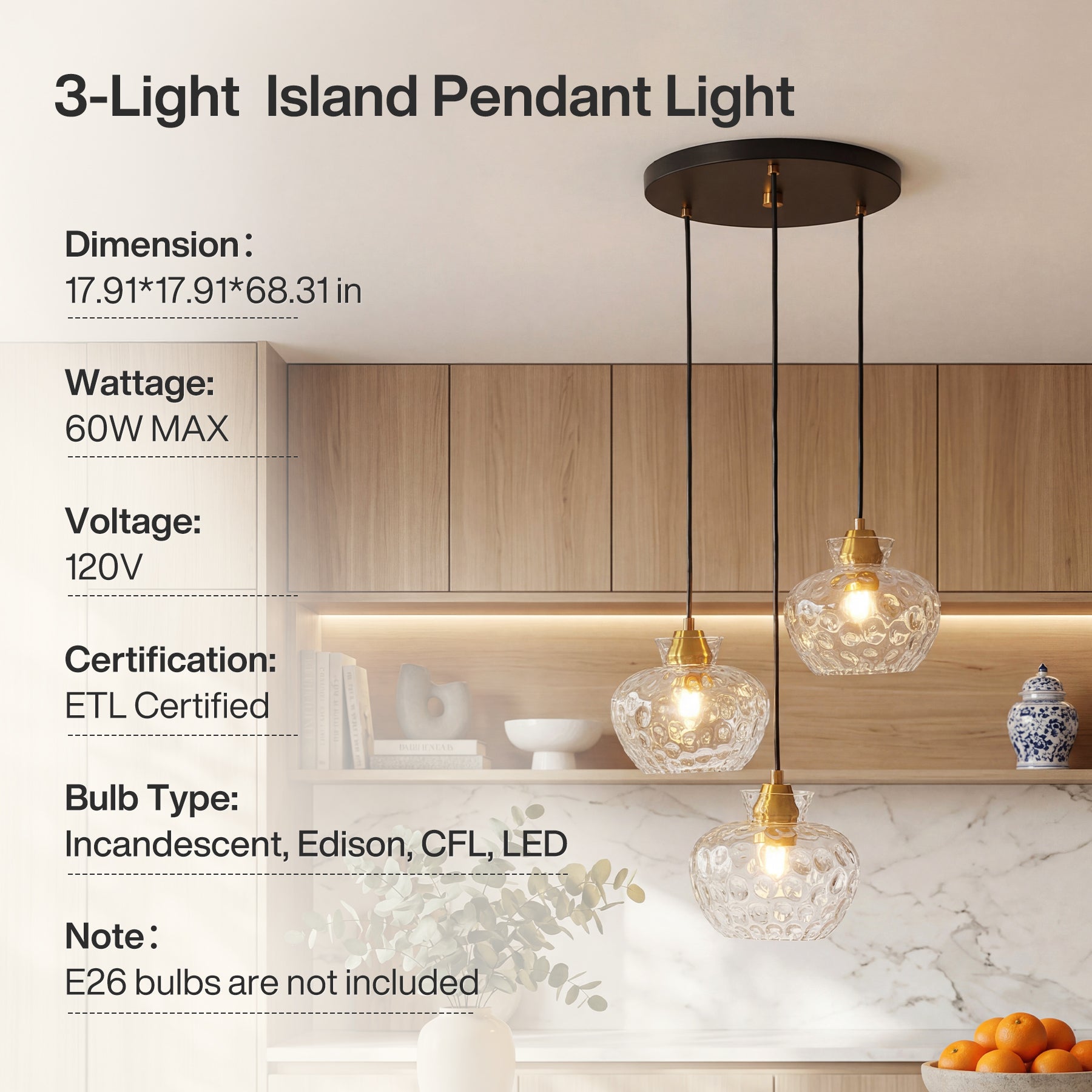 152 cm Tribesigns 3-lichts pendellamp met geribbeld glas en E27 fitting, in hoogte verstelbare vintage hanglamp voor eettafel, keuken en woonkamer [Energieklasse E]