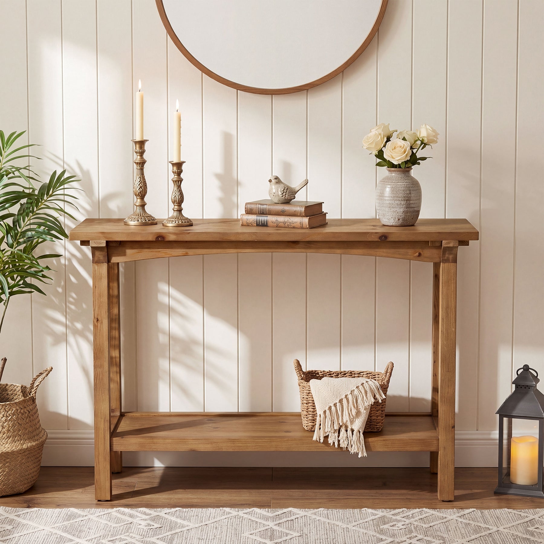Tribesigns Massief Houten Console Tafel 100 cm, Smalle Haltafel met 2 Planken voor Entree & Woonkamer