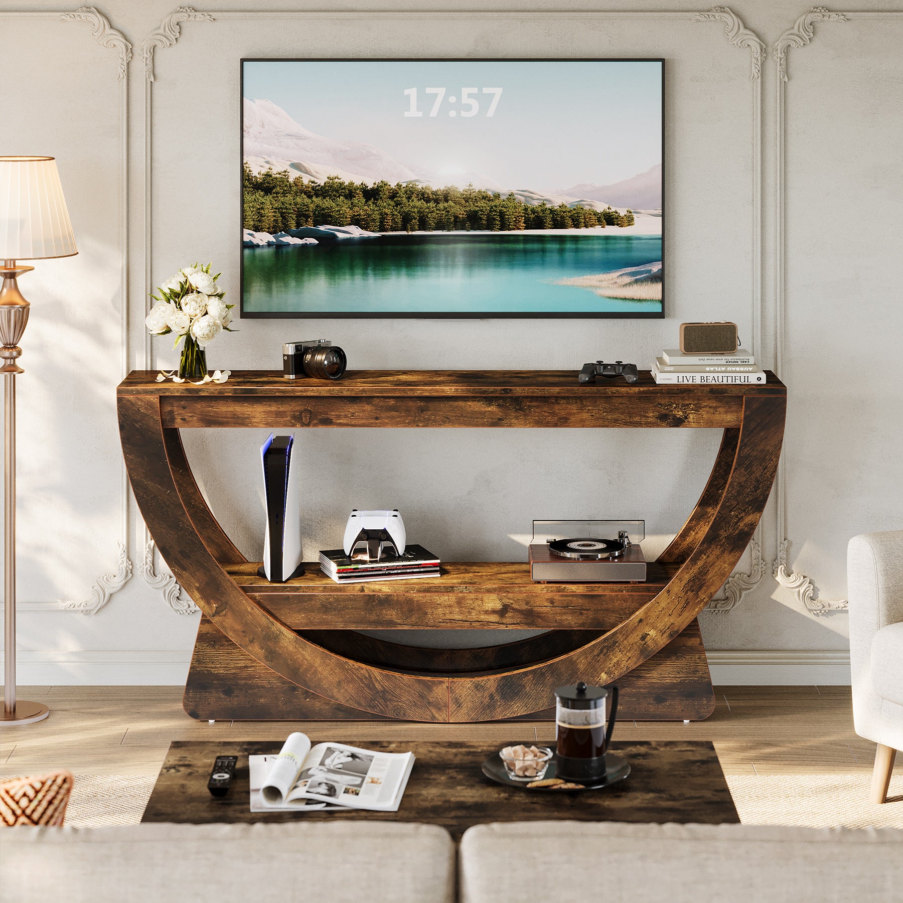 160 cm TV-meubel voor 75 inch TV's, Landelijke Houten Mediaconsole met Open Gewelfde Plank