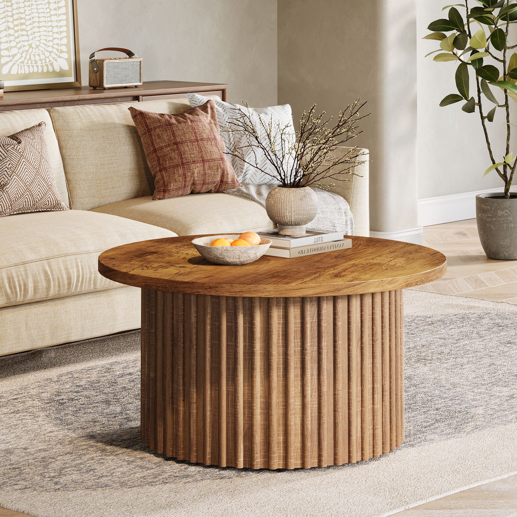 Ronde Salontafel 80 cm, Landelijke Cirkelvormige Tafel met Metalen Basis