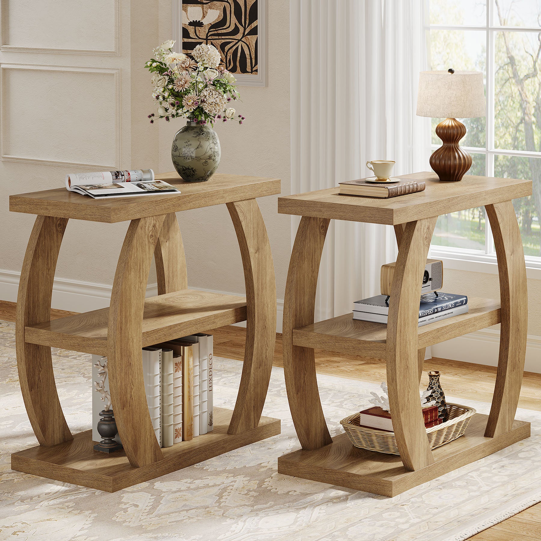 60 cm Hoge Bijzettafel voor Woonkamer, 3-Tier Smalle Tafel met Opbergruimte