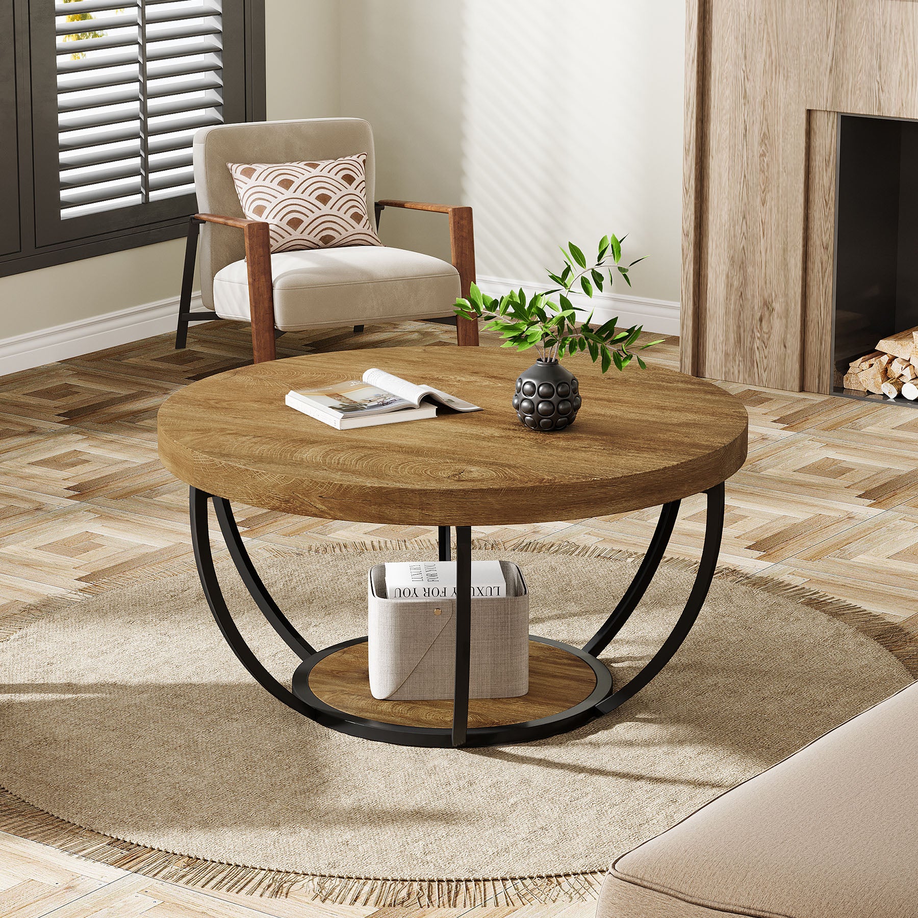 80,5 cm Ronde Industriële Salontafel, Tweelaags Middentafel in Rustiek Bruin en Zwart