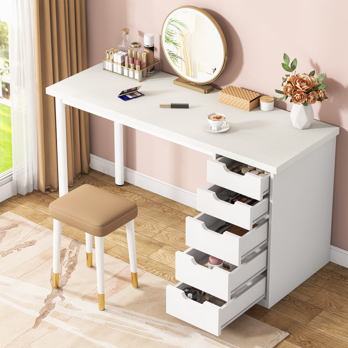 120 cm Tribesigns Kaptafel met 5 Lades, Moderne Make-up Tafel met Opbergruimte voor Slaapkamer