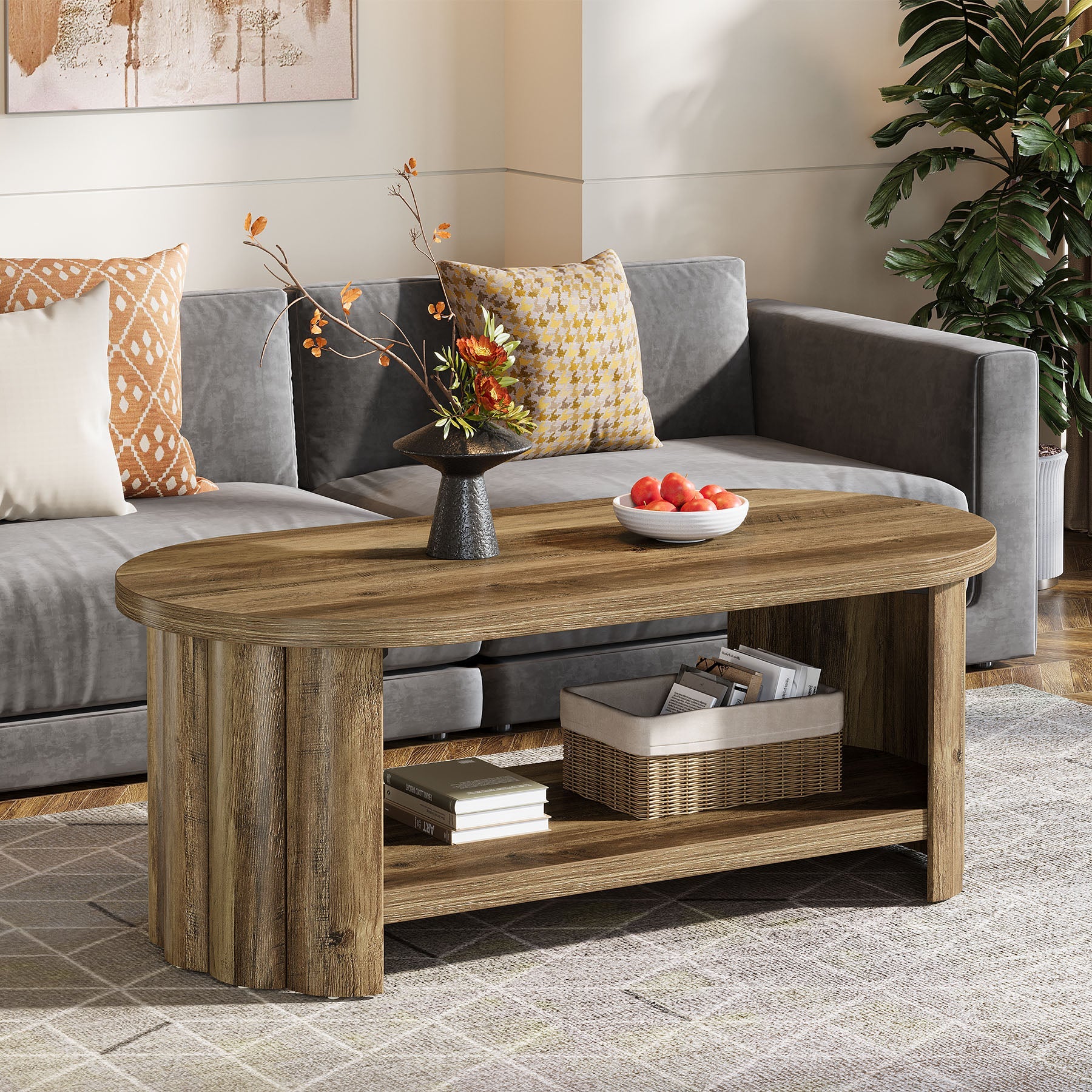 120 cm ovale salontafel, 2-laags accenttafel met opbergplank voor in de woonkamer