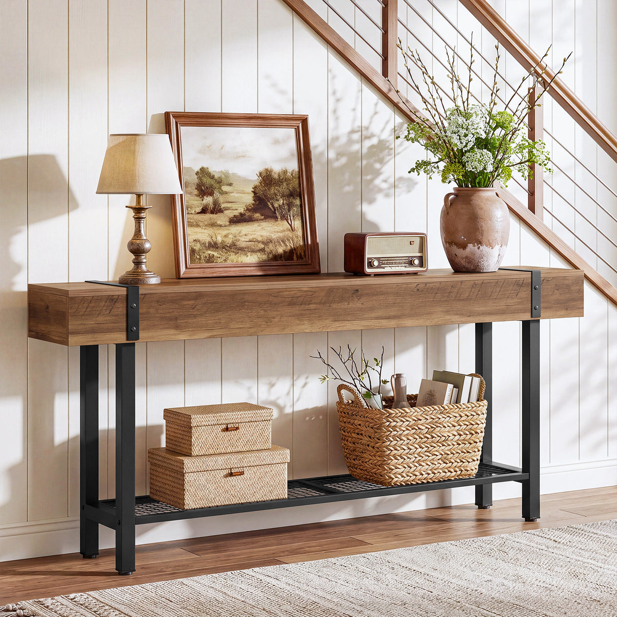160 cm Tribesigns industriële consoletafel met 2 niveaus, smalle banktafel voor hal en achter de bank