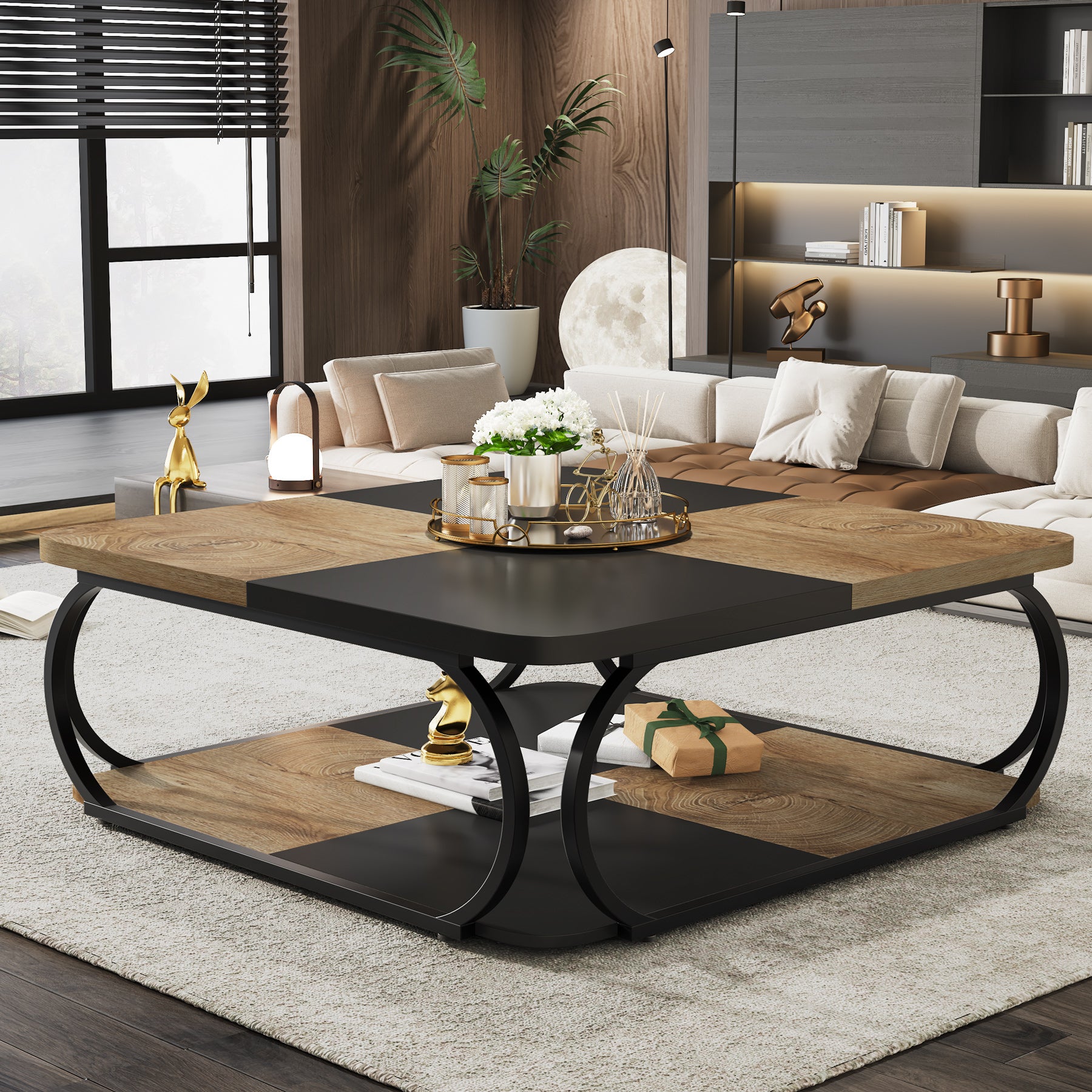 100 cm Vierkante Salontafel met Dubbele Planken, Landelijke Tafel met Metal Frame