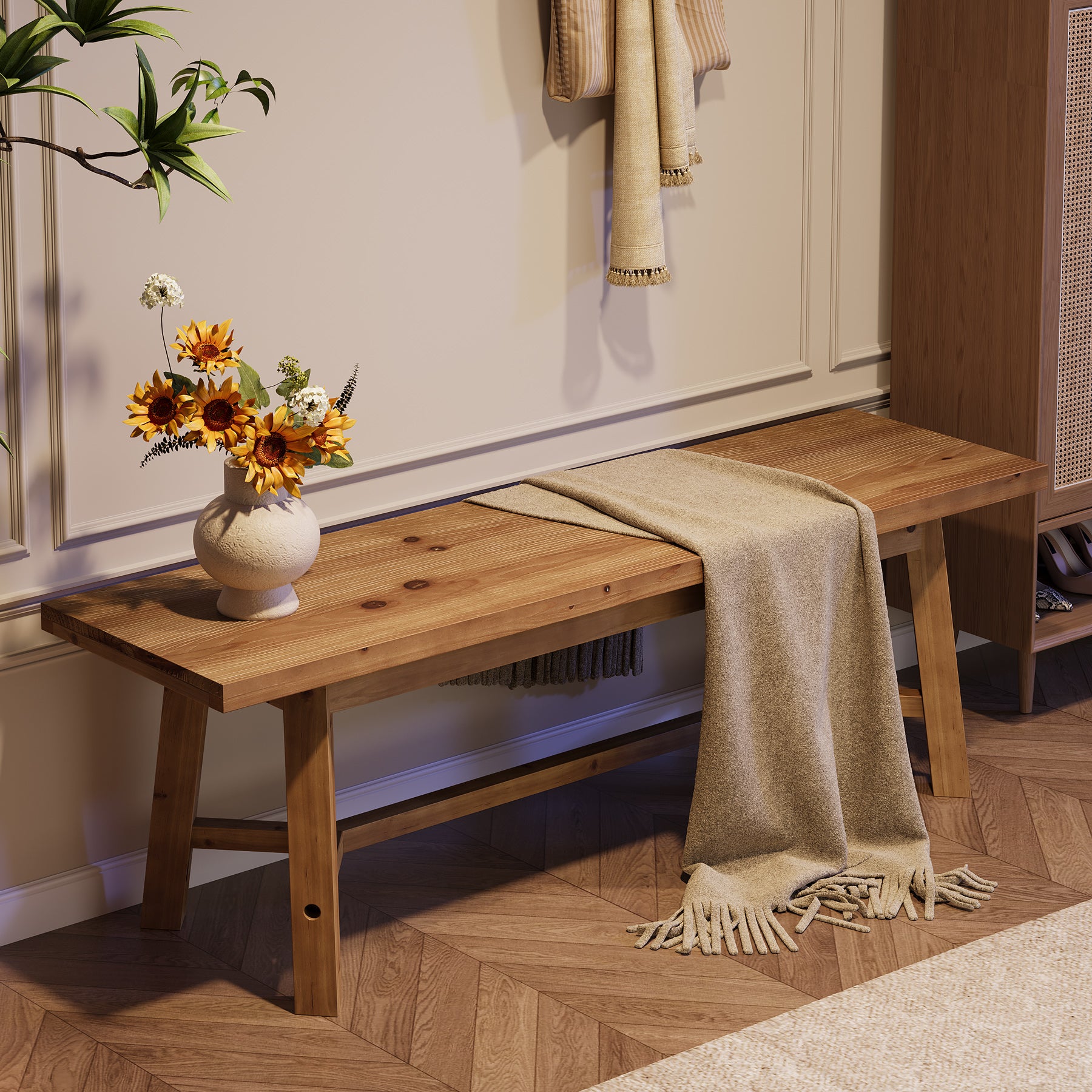 140 cm Tribesigns massief houten halbank met stevig frame, landelijke entreebank voor hal en woonkamer