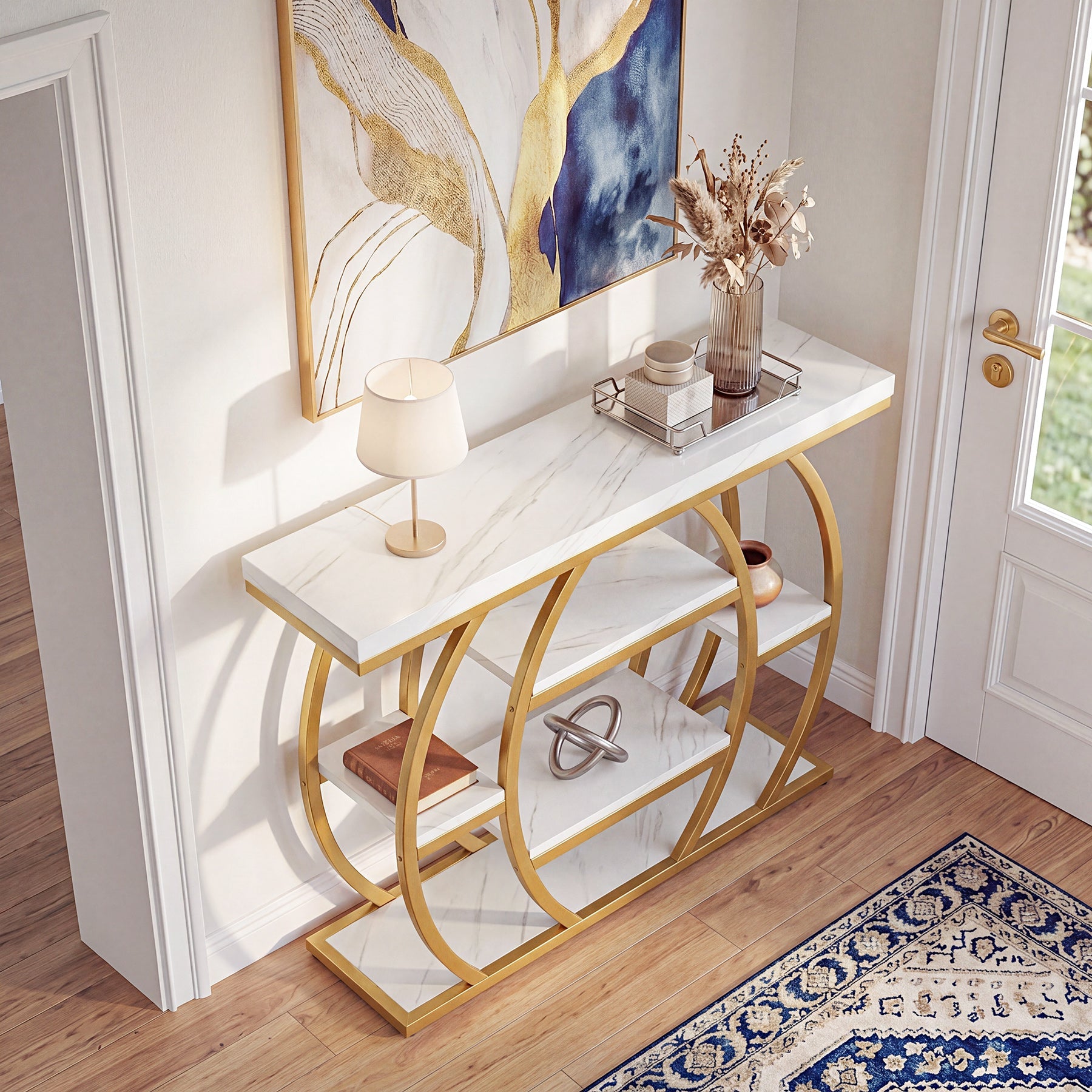 Tribesigns consoletafel 105 cm – smalle haltafel met 5 legplanken, goudkleurig metalen frame en blad in marmerlook