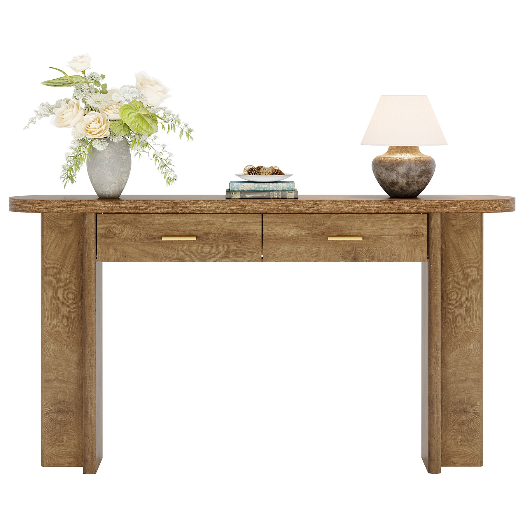 Ovale Consoletafel van 160 cm met 2 Lades in Landelijke Stijl, Haltafel met Opbergruimte voor Woonkamer en Entree