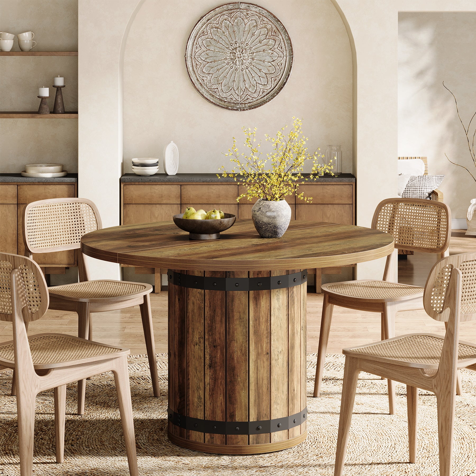 100 cm Ronde Boerderij Eettafel voor 4 Personen, Met Gelamineerd Blad en Hekwerk Basis in Landelijk Bruin