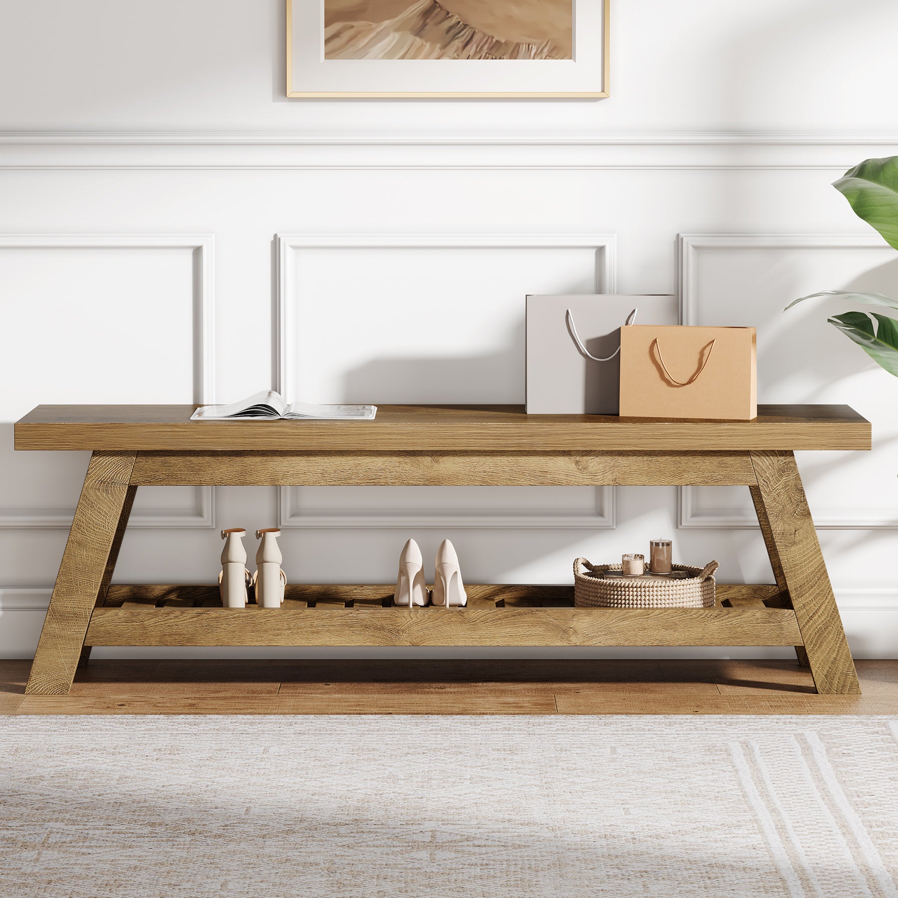 140 cm Houten Halbank met Opbergruimte, Smalle Schoenenbank met 2 Planken