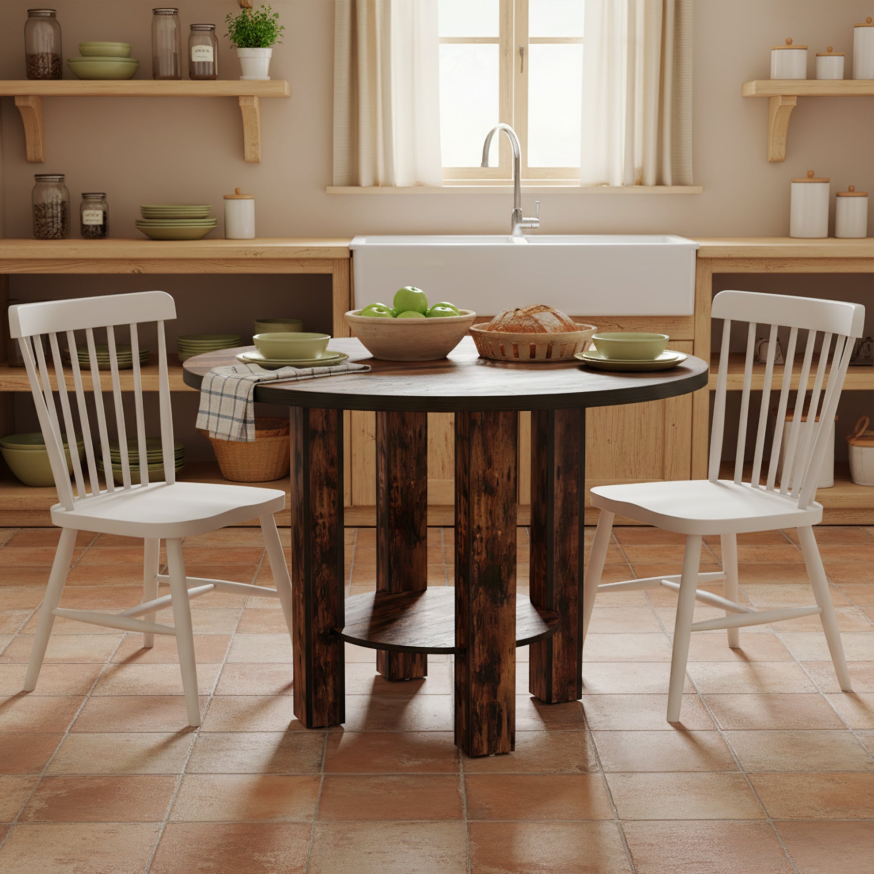 99 cm Ronde Eettafel voor 4 Personen, Landelijke Keukentafel met 2-Laags Opbergrek in Rustiek Bruin