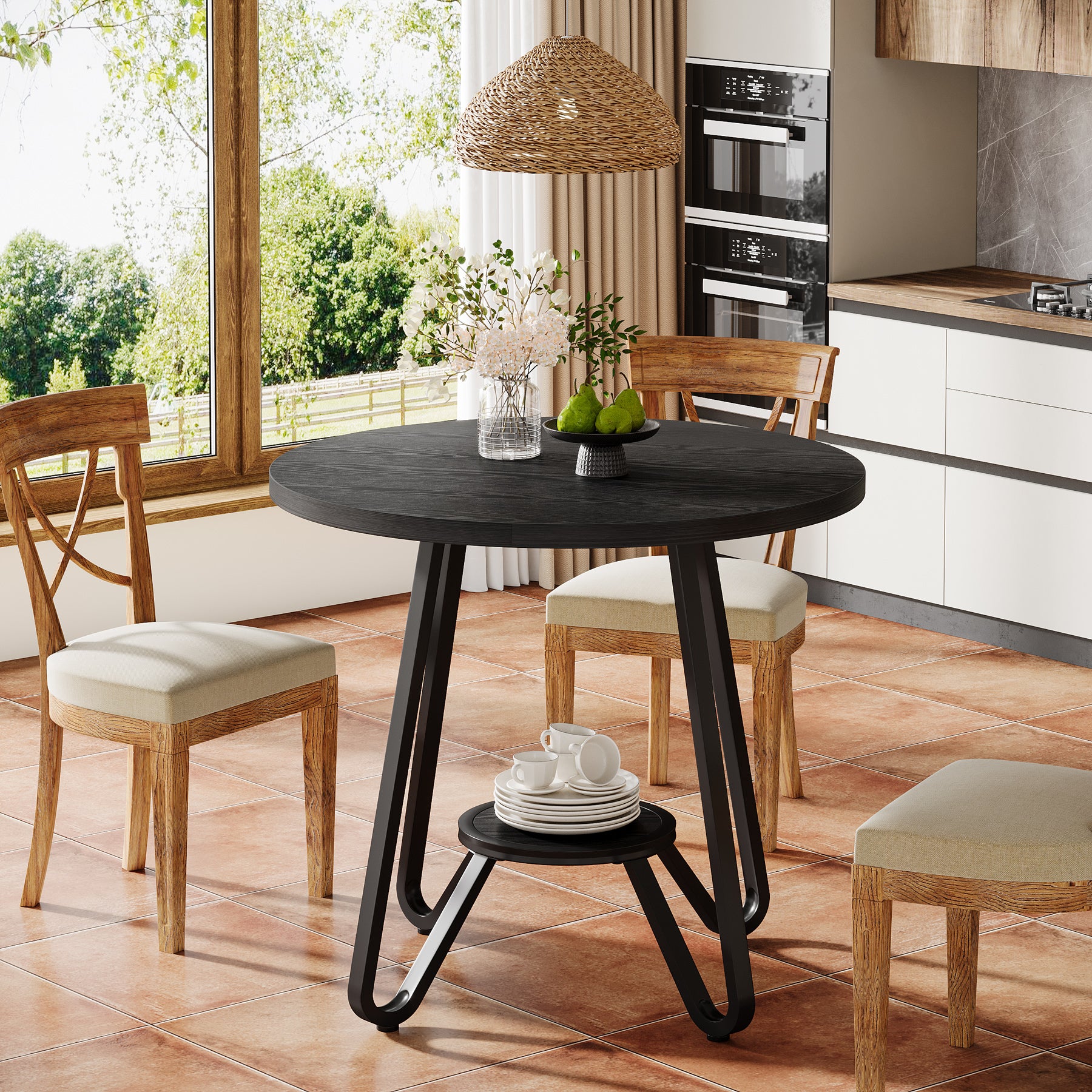 80 cm Ronde Eettafel met Dubbele Legplanken, Industriële Keukentafel voor 2 Personen