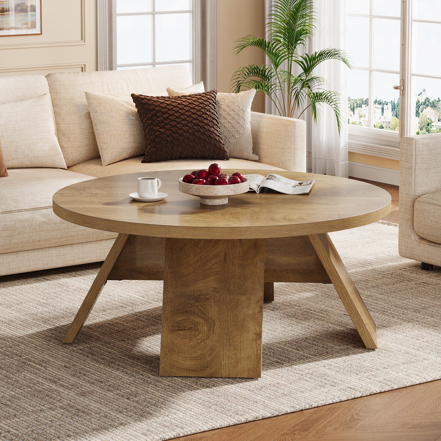 100 cm Ronde Houten Salontafel met Gespreide Poten, Modern Accent Tafel voor Woonkamer