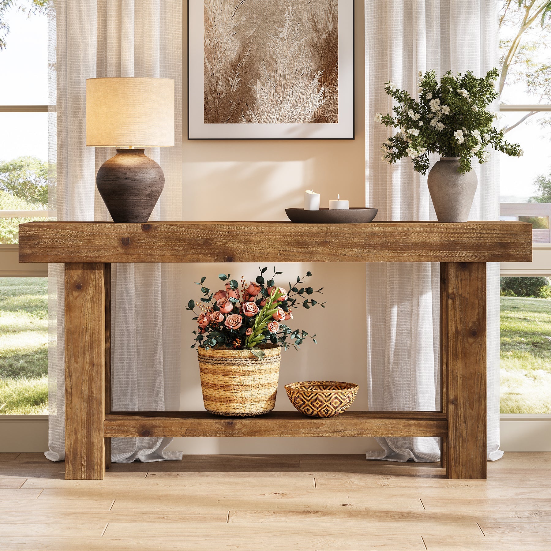 Tribesigns massief houten consoletafel 160 cm, smalle haltafel in landelijke stijl met 2 opbergplanken