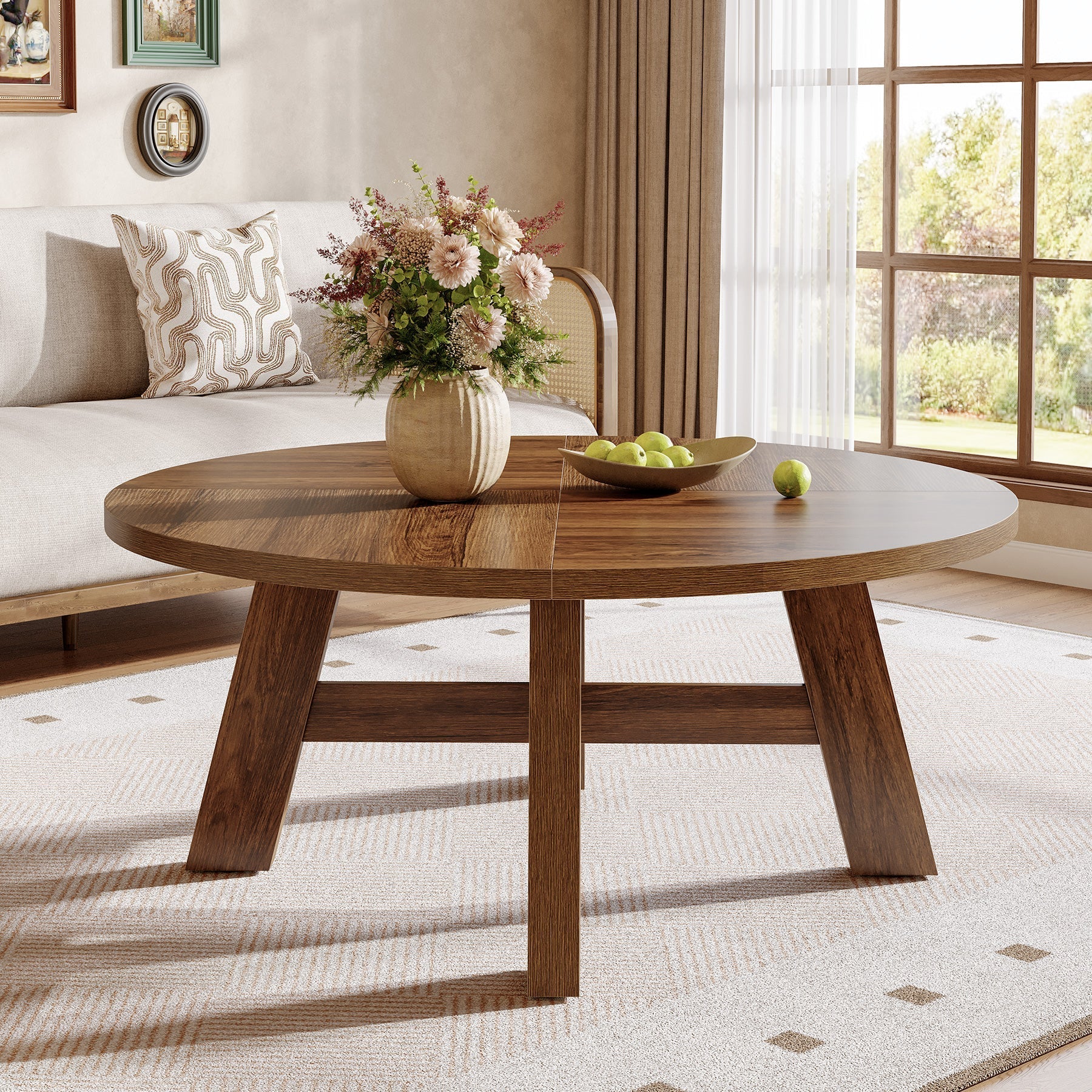 100 cm Ronde Midden-Eeuwse Moderne Salontafel met Kruisversteviging, Lage Houten Center Tafel
