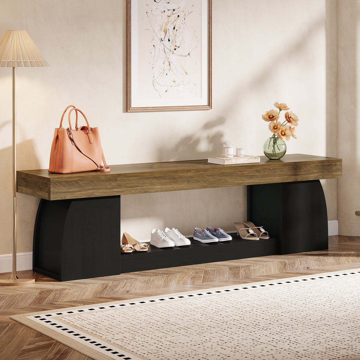 160 cm Tribesigns schoenenbank met opbergplank voor 2-3 personen, landelijke halbank in bruin en zwart voor hal