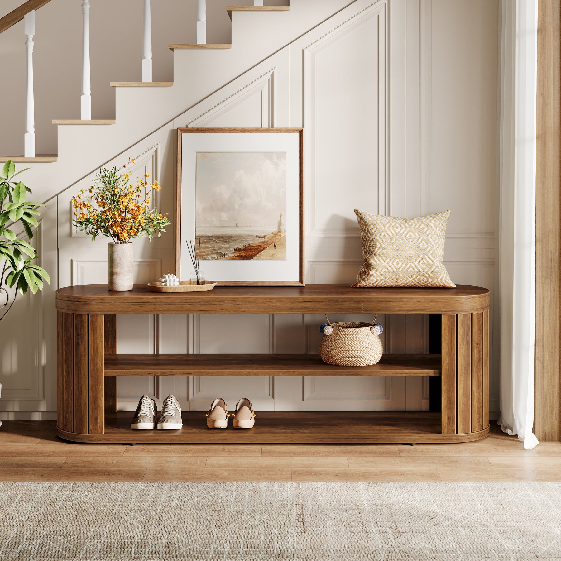 120 cm Houten Schoenenbank met 2 Niveaus Opbergruimte