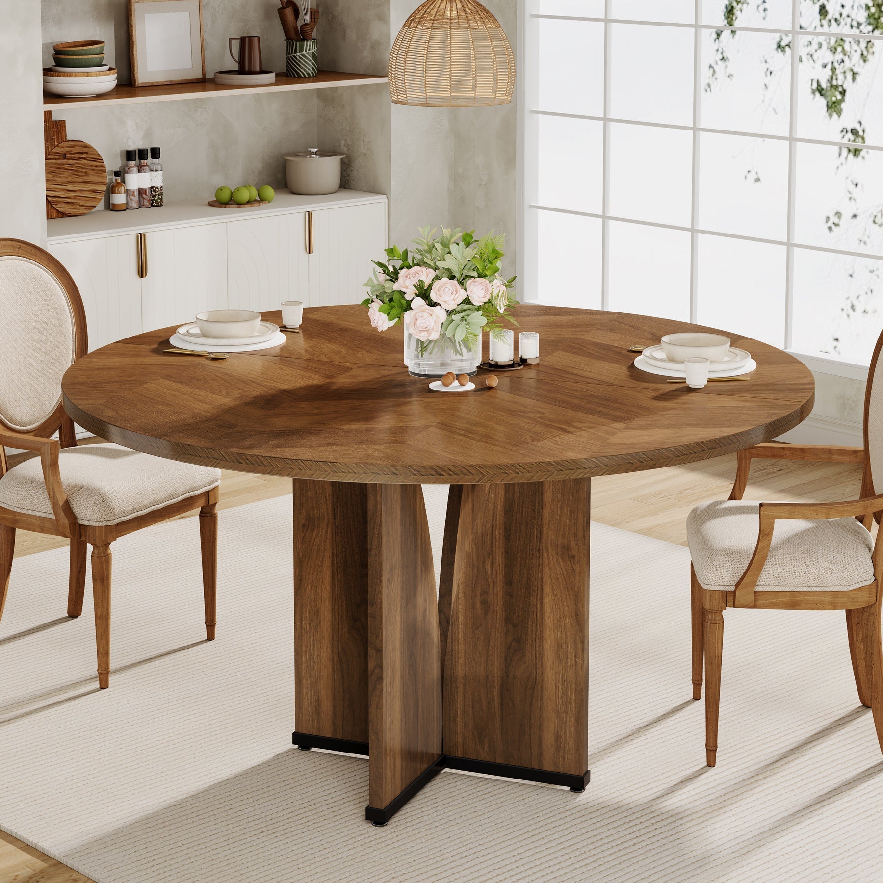 100 cm  Ronde Eettafel voor Vier Personen, Landelijke Keukentafel met X-Vormige Voet