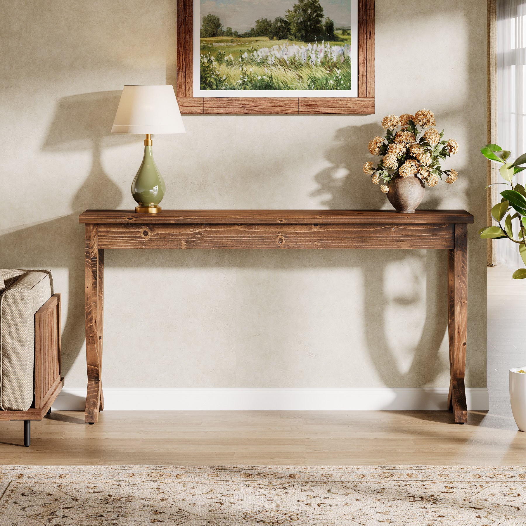 160 cm Massief Houten Consoletafel in Landelijke Stijl, Lange Haltafel voor Woonkamer