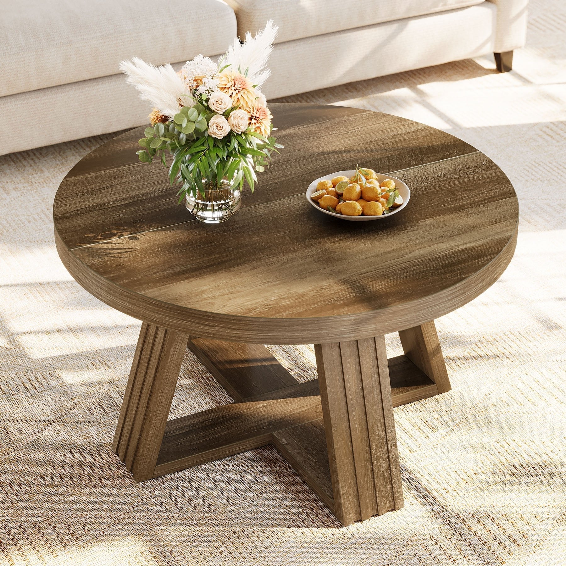 80 cm ronde salontafel, landelijke centrumtafel met massief blad voor in de woonkamer