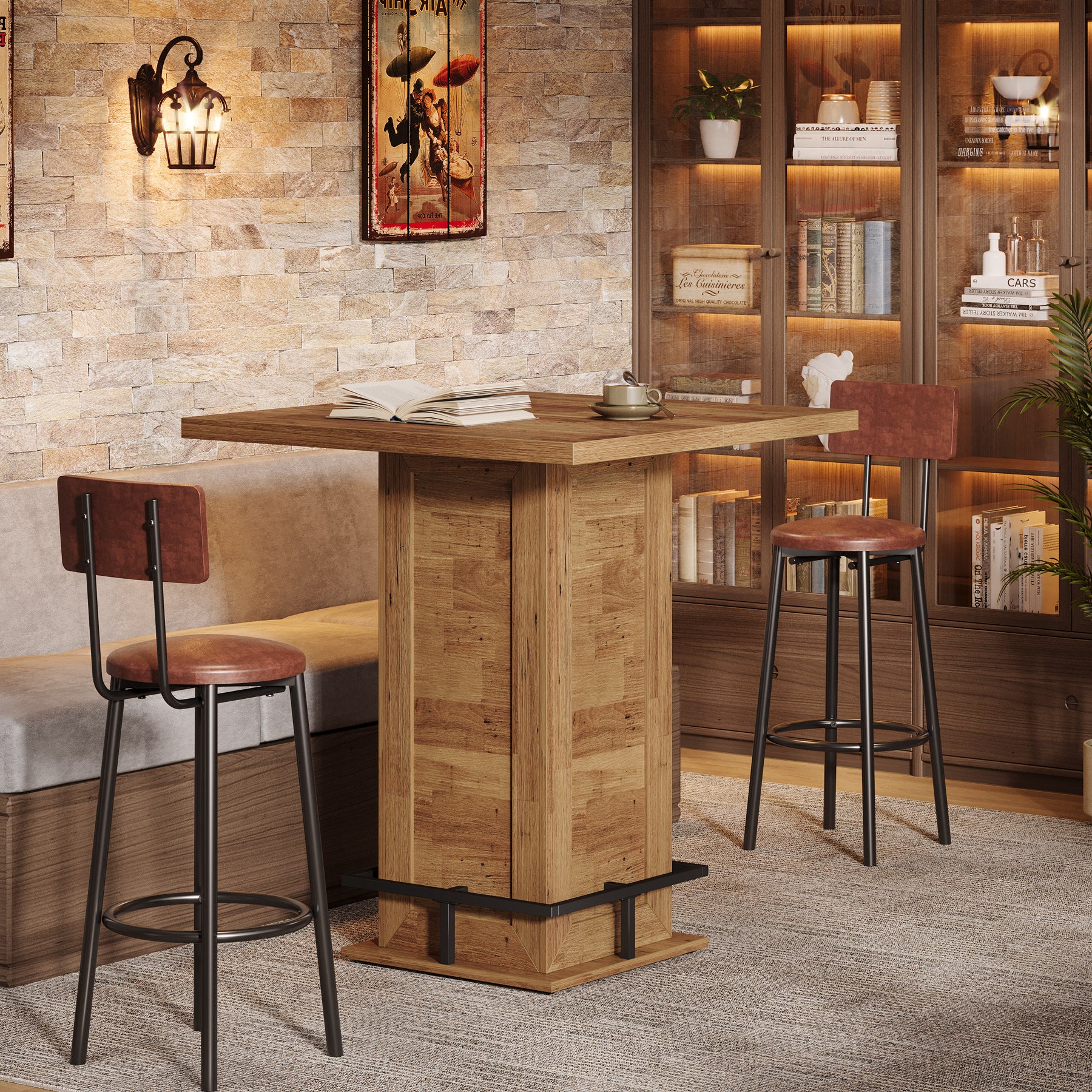 100 cm Vierkante Bartafel Industrieel, Hoge Bistrotafel met Voetsteun voor Keuken Bar Kleine Ruimtes