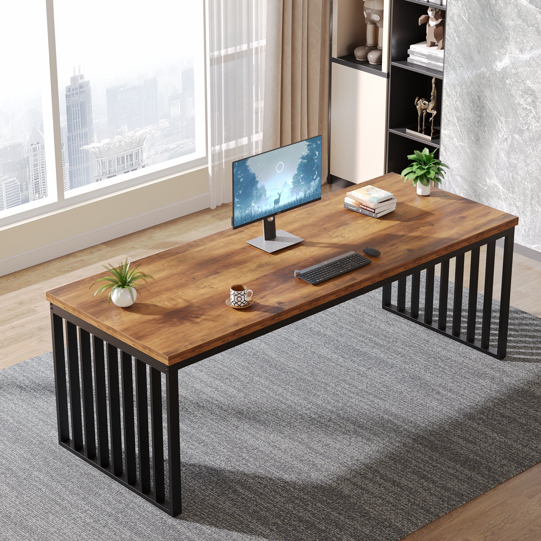 180 cm Bureau, Robuuste Computertafel Met Metalen Frame Voor Thuiskantoor