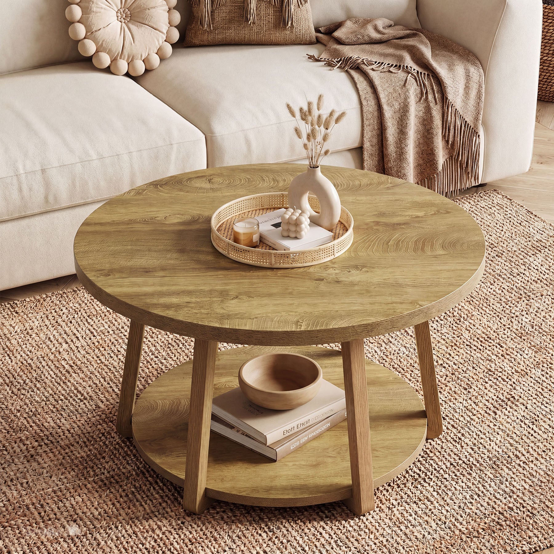 80 x 50 cm Tribesigns Ronde Salontafel, 2-Laagse Houten Bijzettafel met Opbergrek en Houten Poten voor Woonkamer