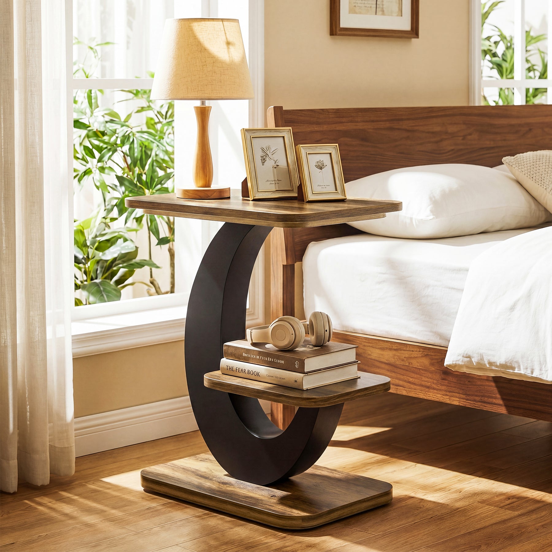 60 cm Smalle Bijzettafel met 2 Niveaus, Industriële Houten Sidetable voor Woonkamer en Slaapkamer