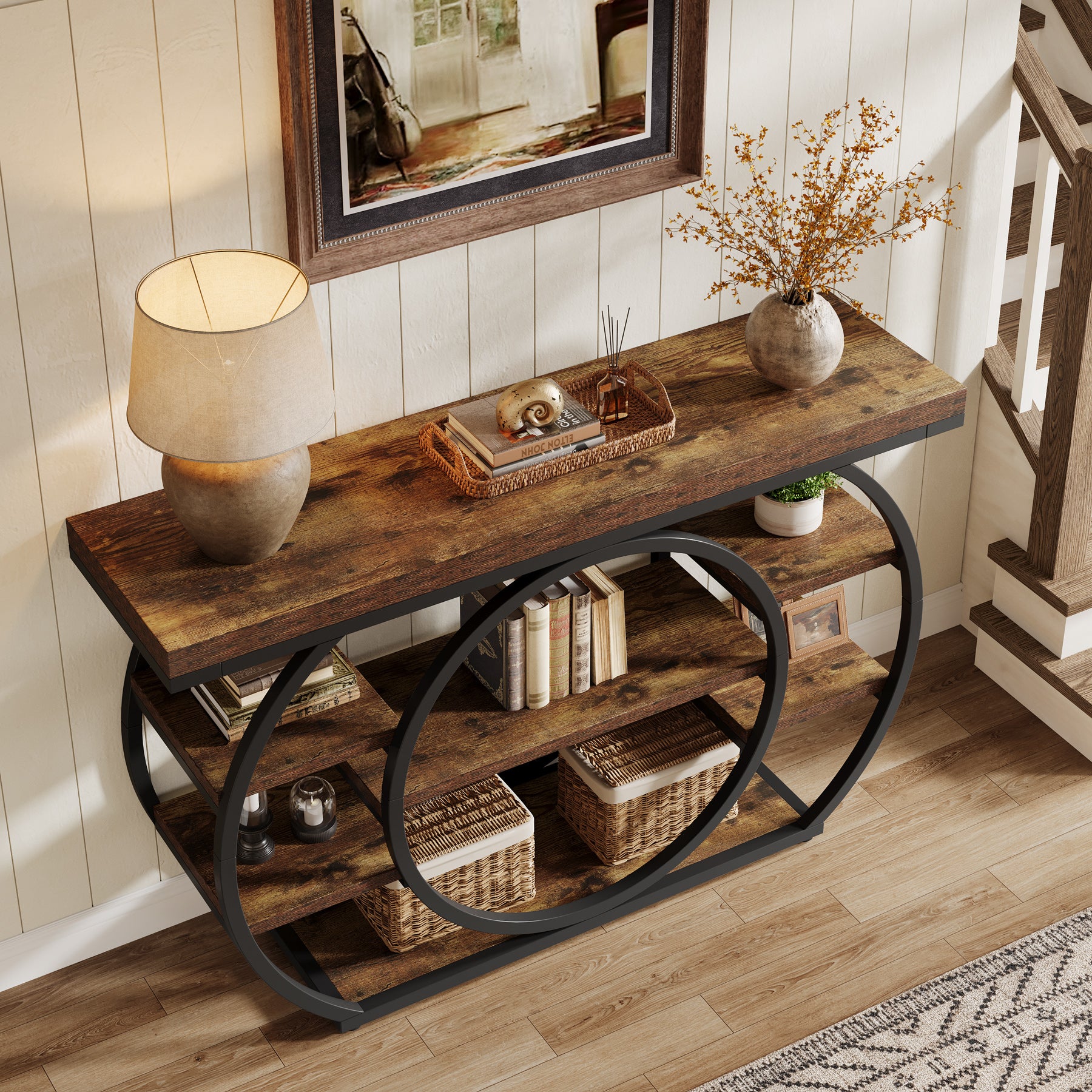 Consoletafel van 120 cm met 5 Lagen in Industrieel Design, Smalle Banktafel voor Woonkamer en Hal in Rustiek Bruin