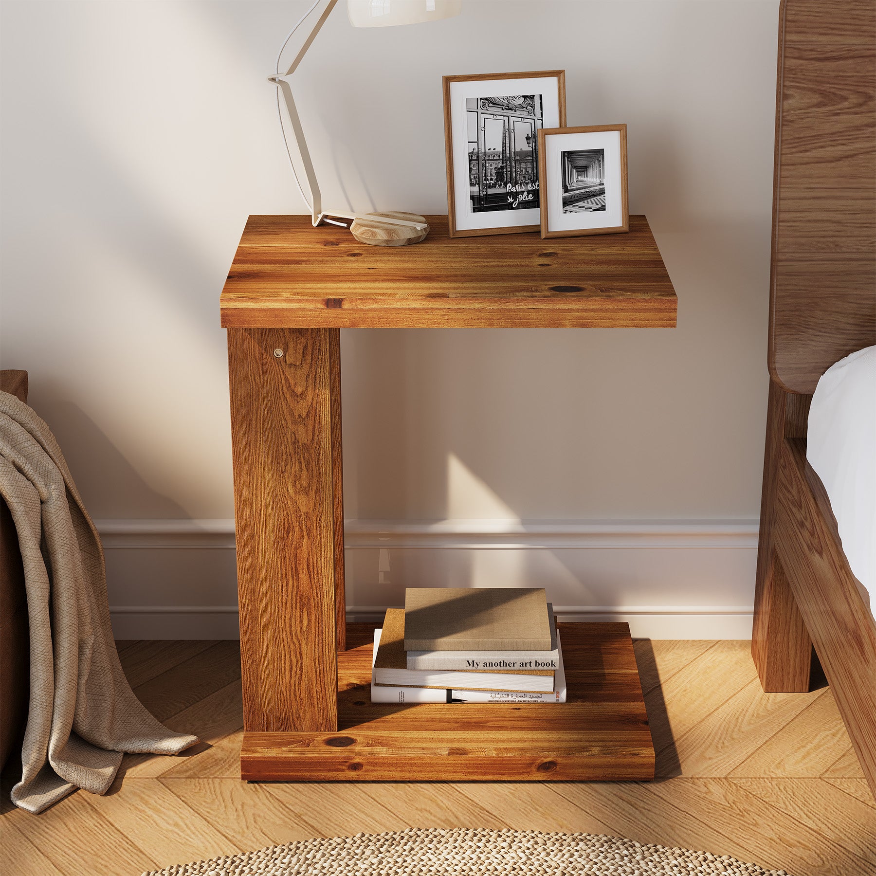 Tribesigns 50x35x60 cm C-vormig bijzettafeltje, tweelaags massief houten nachtkastje met stabiele constructie voor slaapkamer