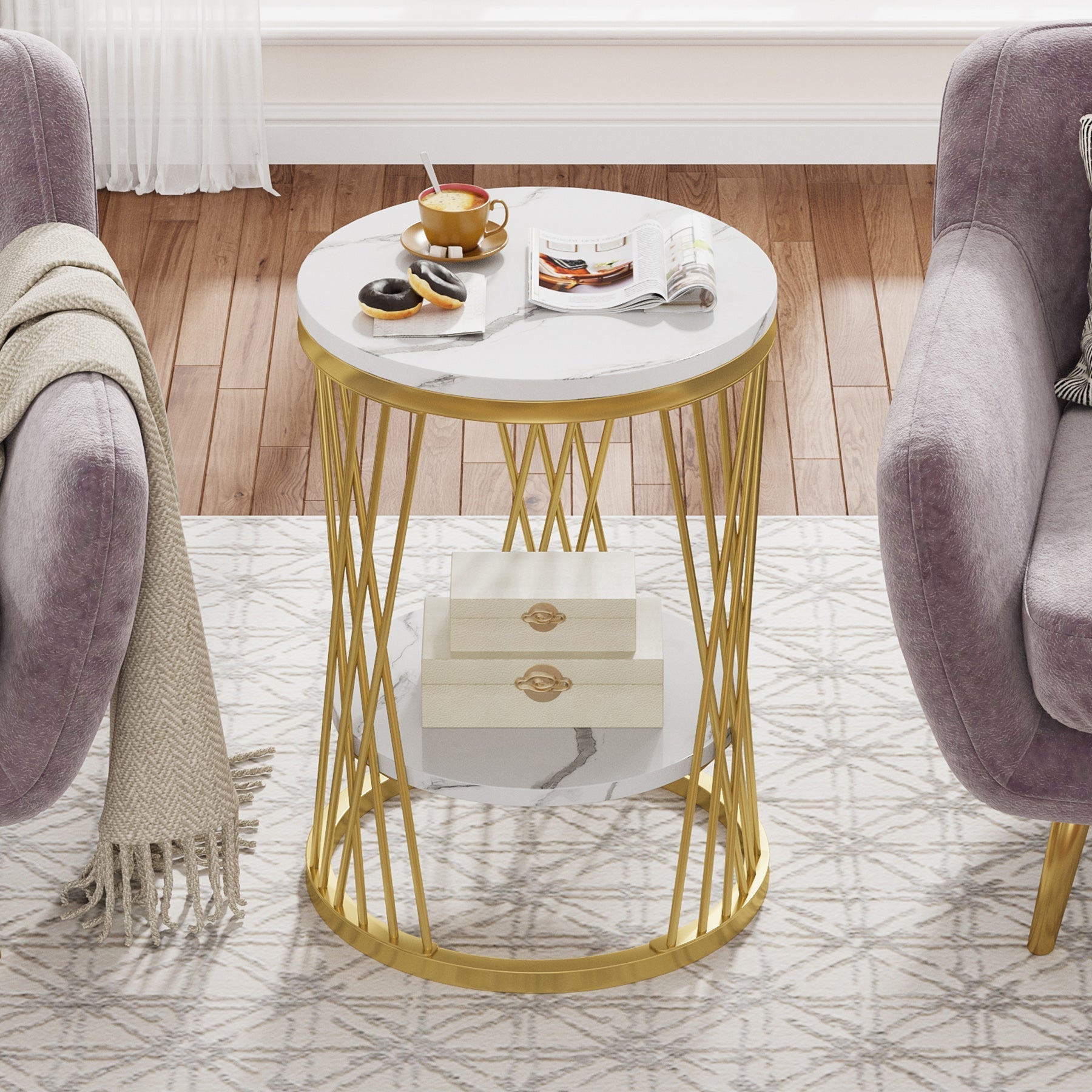 Stijlvolle Ronde Bijzettafel, Witte Met Gouden Accenten en Handige Opbergplanken
