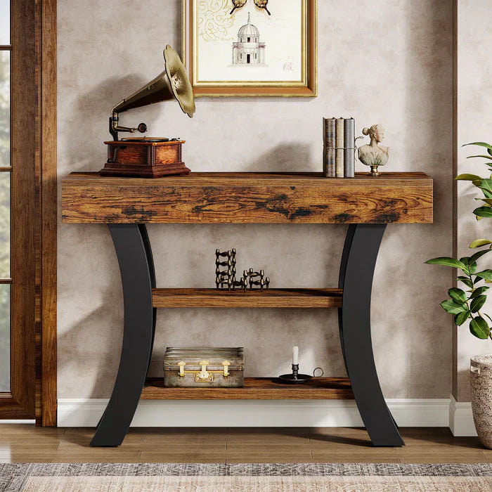 105 cm Landelijke Consoletafel, Drieplanken Salontafel met Gebogen Frame voor Hal