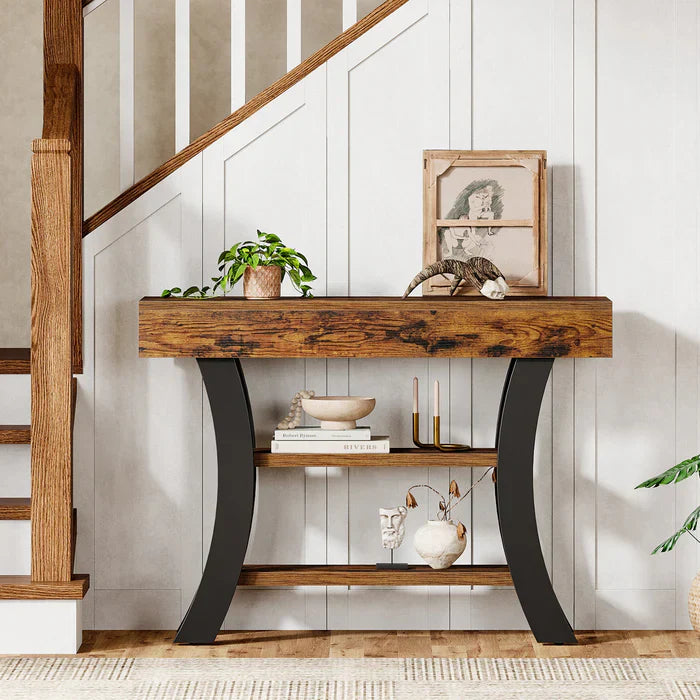 105 cm Landelijke Consoletafel, Drieplanken Salontafel met Gebogen Frame voor Hal